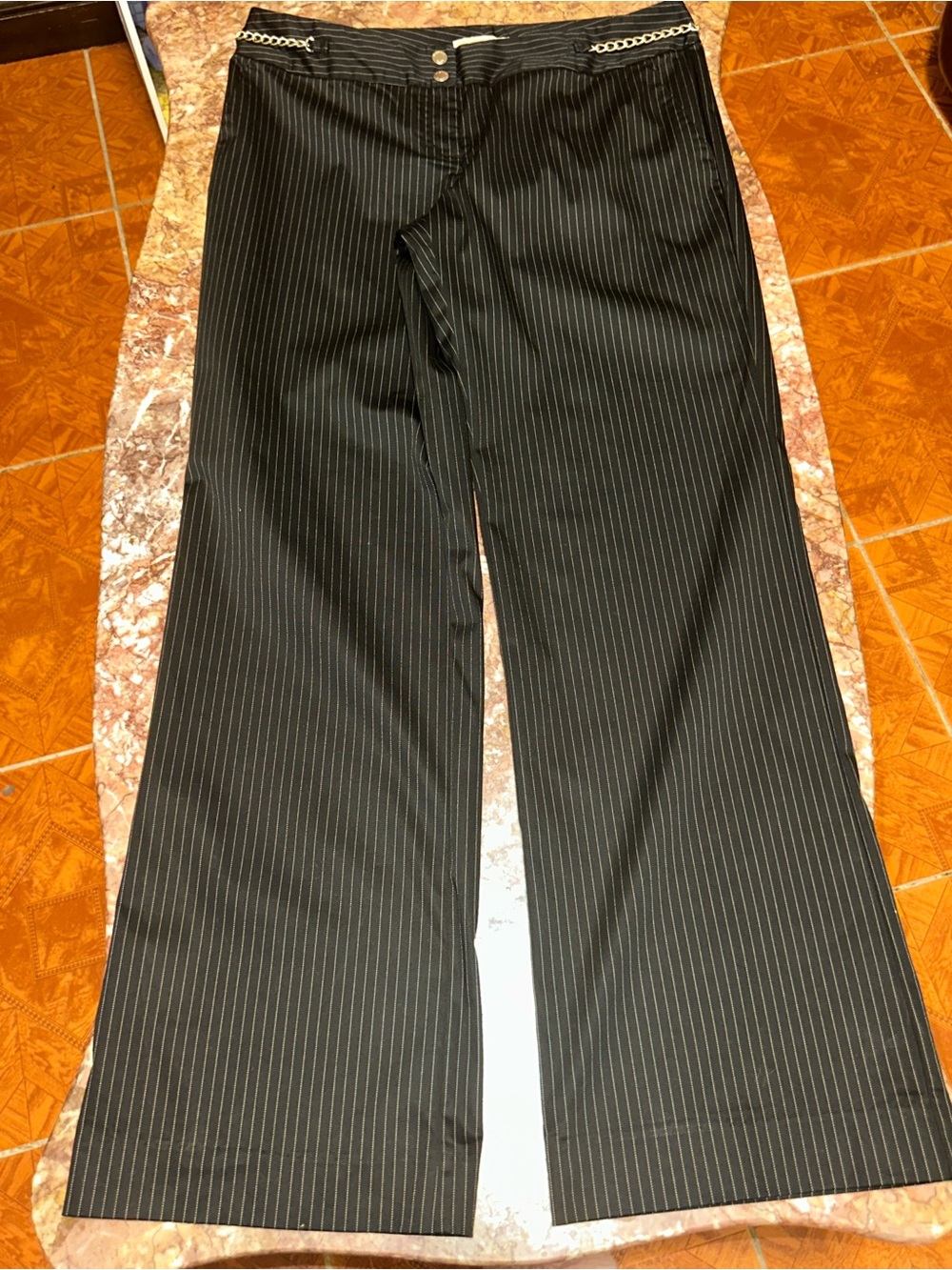Michael Kors women’s Black Pinstripe Wide-Leg Dress Pants w/silver chain detail